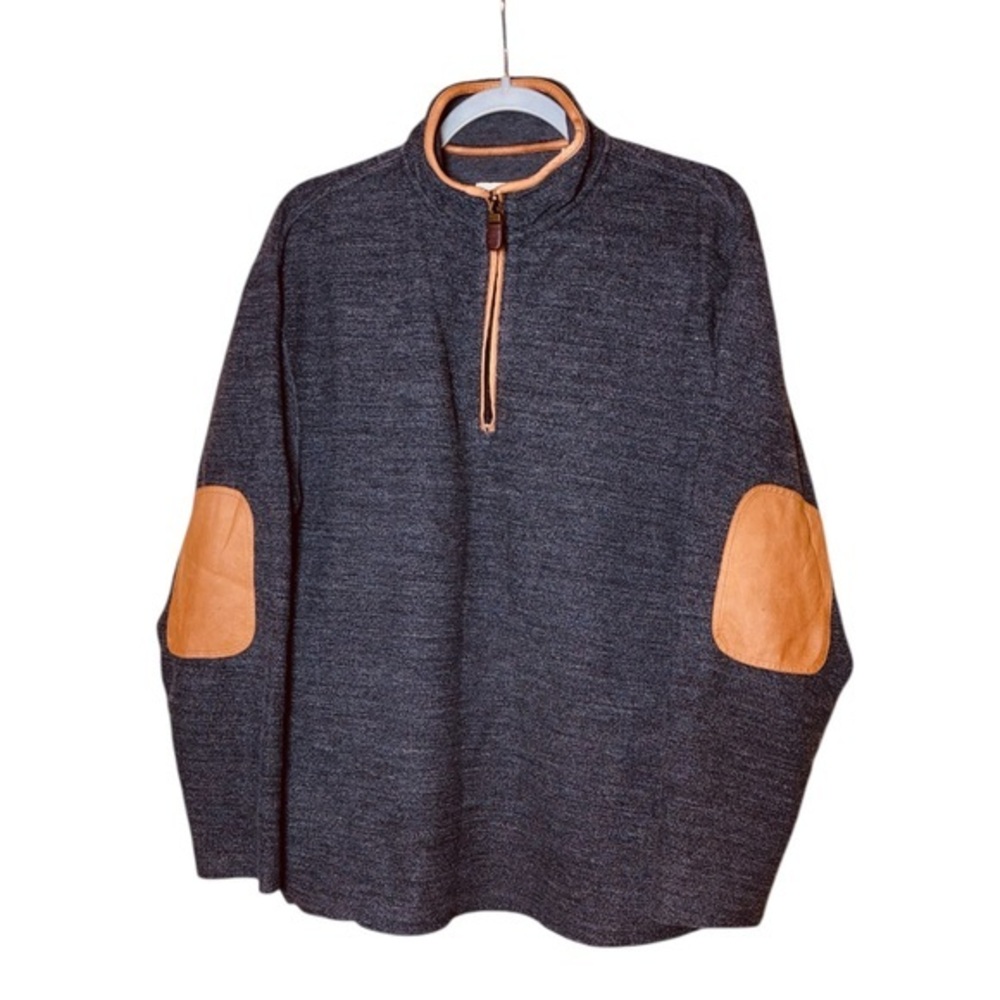 Orvis 1/4 Zip-Up Charcoal Gray Pull-over Sweater Tan Leather Trim & Patches
